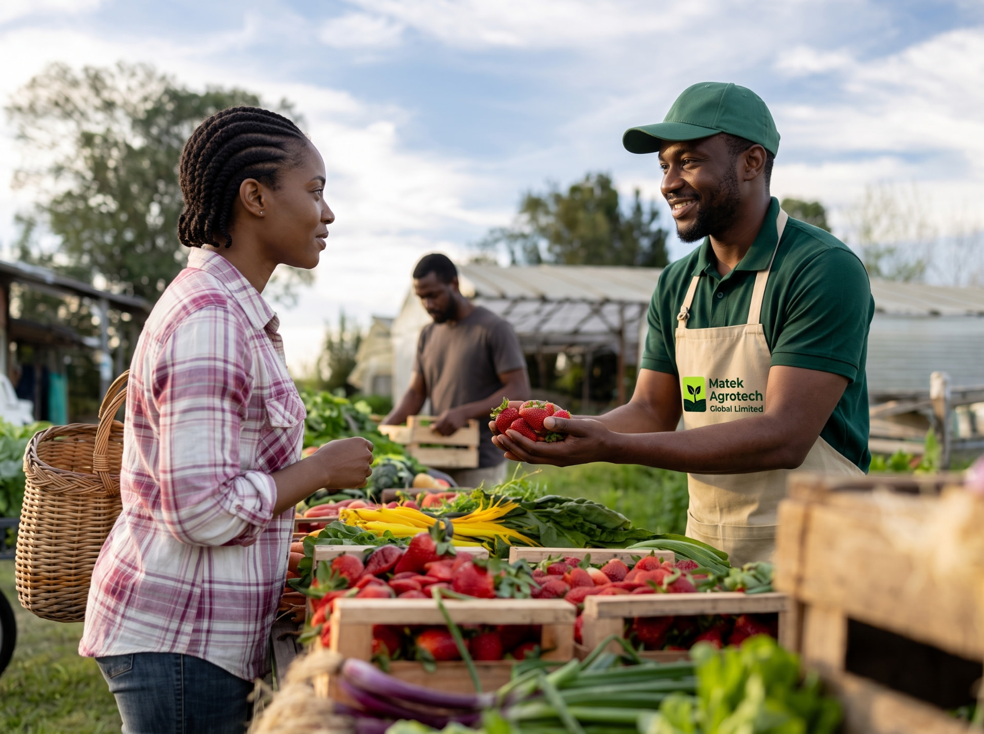 Matek Agrotech farmers sharing fresh strawberries and produce at a farm stand