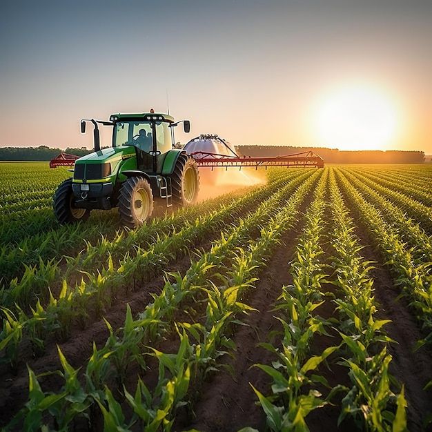 Tractor spraying young maize rows at sunset